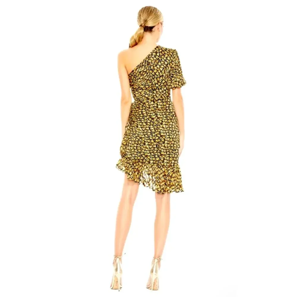 Mac Duggal Black Floral Print Draped One Sleeve Ruffled Hem Dress size 2